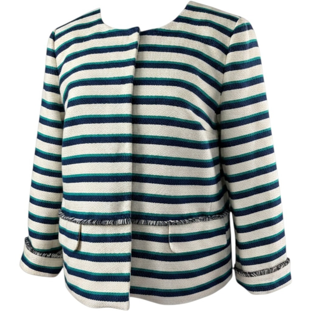 Talbots Striped Tweed Jacket Navy Teal Ivory Fringe Trim Blazer Womens Size 12